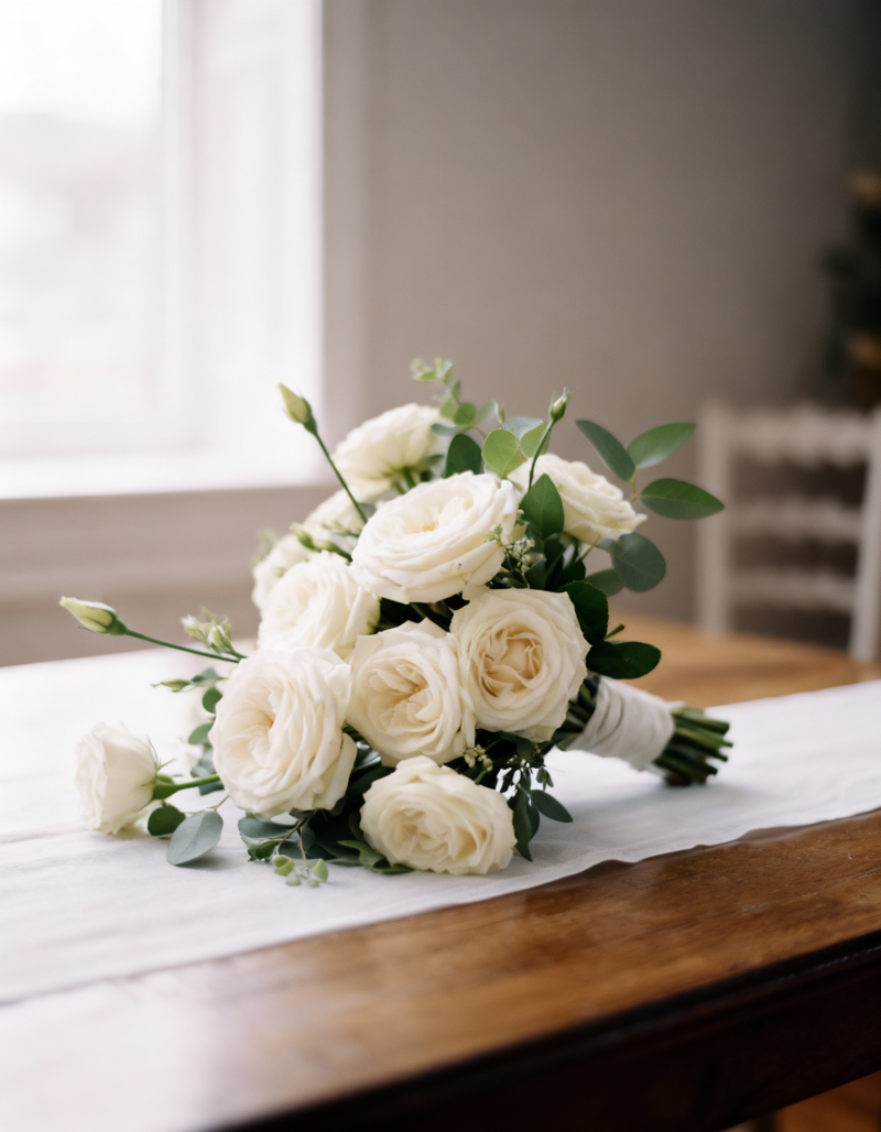 White roses and lisianthus hand tied bridal bouquet