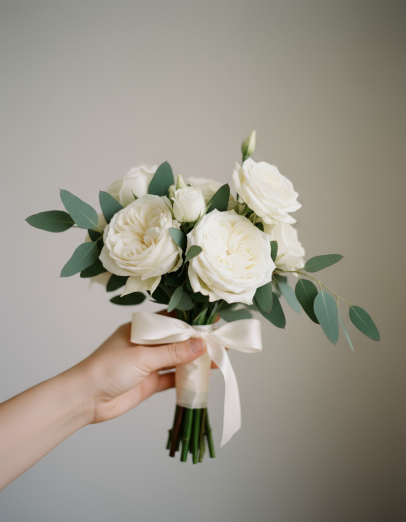 Small White bridesmaid bouquet with eucalyptus and white ribbon